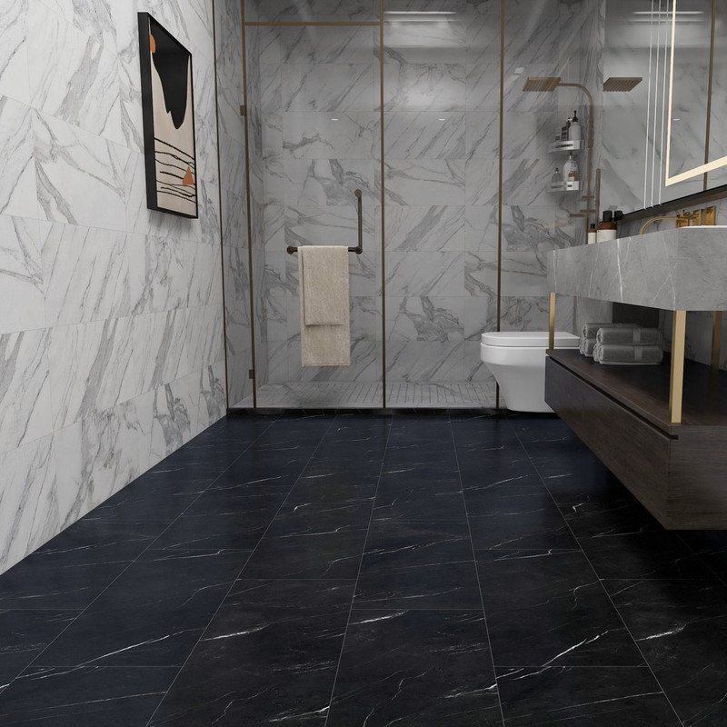 $3.69/sq. ft. ($88.56/Box)  Vinyl Tile "NERO MARQUINA" with Attached Underlayment