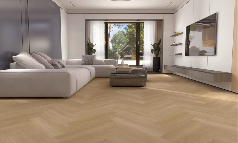 $3.89/sq. ft. ($79.12/Box)  Vinyl Herringbone Collection "HONEY OAK" with Attached Underlayment